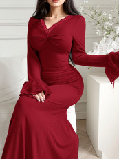 SC Lace Patchwork V Neck Maxi Dress GZJF-10202