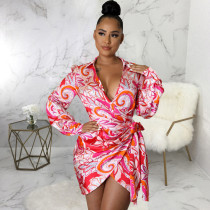 SC Plus Size Print V Neck Long Sleeve Tie Up Mini Dress SMR-10968