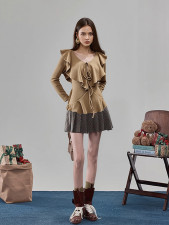 SC Ruffles V Neck Long Sleeve Tops GZJF-2655