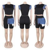 SC Denim Patchwork Short Sleeve Two Piece Shorts Set GTYZ-7552