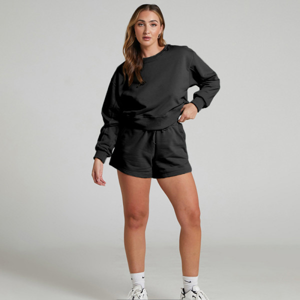SC Solid Color Long Sleeve Sweatshirt Two Piece Shorts Set SSNF-211129