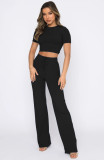SC Short Sleeve Solid Color Loose Two Piece Pants Set SSNF-211071