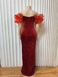 SC Sequin Ruffles V Neck Split Maxi Dress GMYU-2665