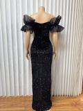 SC Sequin Ruffles V Neck Split Maxi Dress GMYU-2665