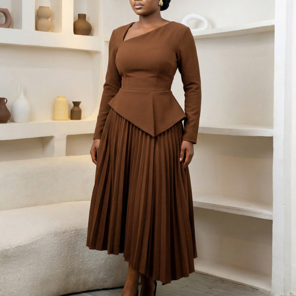 SC Plus Size Slash Neck Solid Color Midi Dress GATE-617
