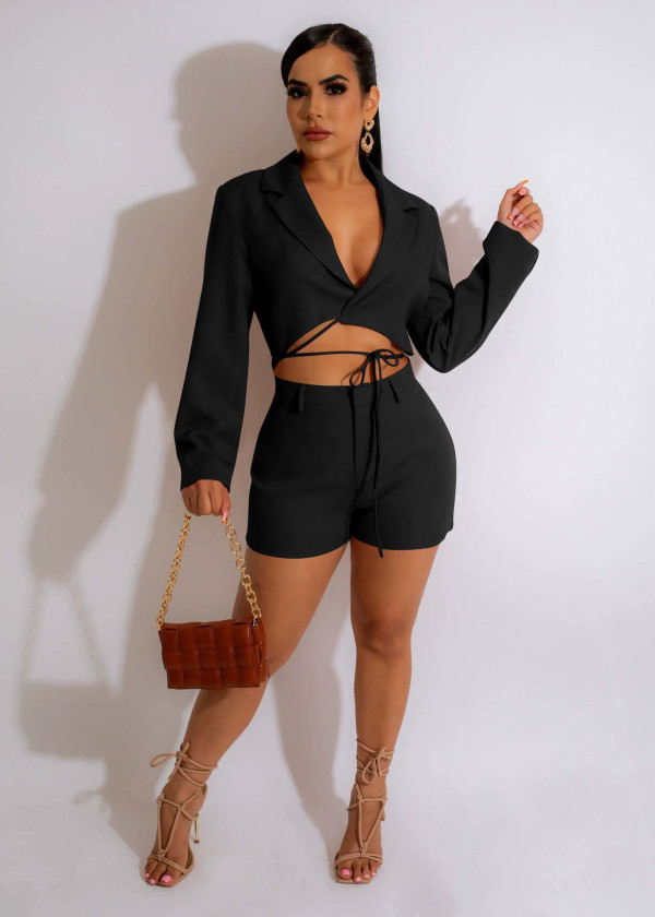 SC Long Sleeve V Neck Two Piece Shorts Set YD-1155