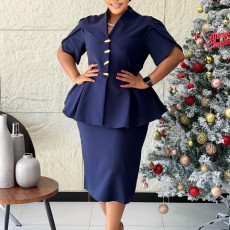 SC Plus Size Ruffles V Neck Solid Color Midi Dress GMLF-3358