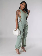 SC Plus Size Sleeveless V Neck Bandage Jumpsuit GHXF-HX0417