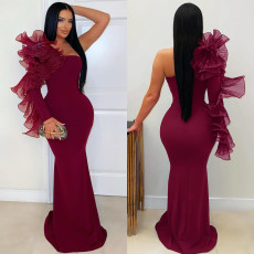 SC Solid Color Singlle Shoulder Long Sleeve Maxi Dress BY-7610