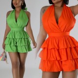 SC Plus Size Halterneck V Neck Ruffles Romper GHXF-HX0436