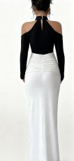 SC Contrast Color Ruched Split Maxi Dress QODY-6073
