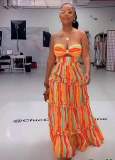 SC Plus Size Stripe Print Tube Top Maxi Dress GHXF-HX0260