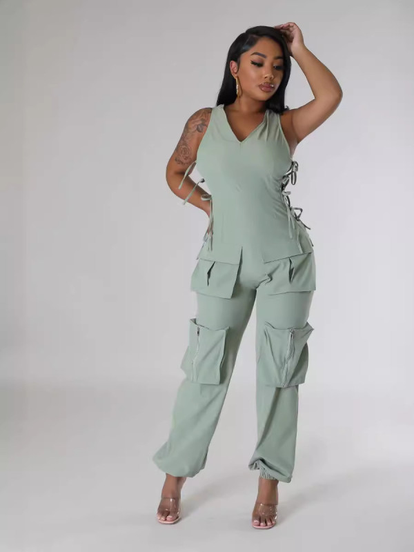 SC Plus Size Sleeveless V Neck Bandage Jumpsuit GHXF-HX0417