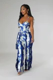 SC Plus Size Tie Dye Print Sling Bodysuit 2 Piece Pants Set GHXF-HX0319