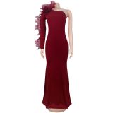 SC Solid Color Singlle Shoulder Long Sleeve Maxi Dress BY-7610