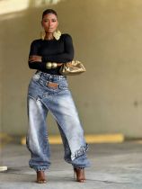 SC Plus Size Fashion Irregular Washed Loose Jeans GYLN-4901