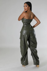 SC Plus Size Off Shoulder PU Leather Jumpsuit GHXF-HX0395