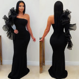 SC Solid Color Singlle Shoulder Long Sleeve Maxi Dress BY-7610