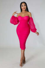 SC Plus Size Mesh Long Sleeve Midi Dress GHXF-HX0204
