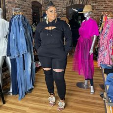 SC Plus Size Solid Color Long Sleeve Coat Sling Pants 3 Piece Set GAWE-5645