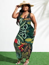 SC Plus Size Leaf Print Sleeveless Sexy Long Dress GAWE-5511