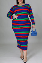 SC Plus Size Colorful Stripe Print Long Sleeve Maxi Dress GAWE-5386