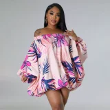 SC Plus Size Off Shoulder Print Bat Sleeve Mini Dress QHMD-3009