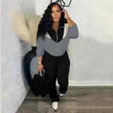 SC Color Block Zipper Coats Tight Sport Two Piece Pants Set QHMD-3073
