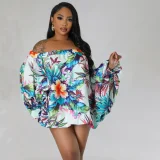 SC Plus Size Off Shoulder Print Bat Sleeve Mini Dress QHMD-3009
