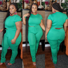 SC Plus Size Short Sleeve Solid Color Two Piece Pants Set OSIF-20735