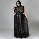 SC Plus Size Mesh Sleeveless Romper+Dress 2 Piece Set NNWF-7135