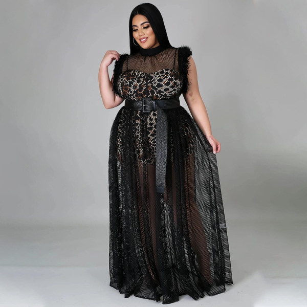 SC Plus Size Mesh Sleeveless Romper+Dress 2 Piece Set NNWF-7135