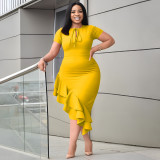 SC Plus Size Solid Color Tie Up Long Dress NNWF-6054