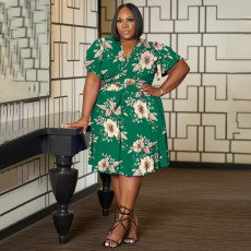 SC Plus Size Print Ruffles Tie Up Midi Dress NNWF-8068