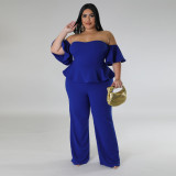 SC Plus Size Off Shoulder Short Sleeve Wide Leg Jumpsuit NNWF-7797