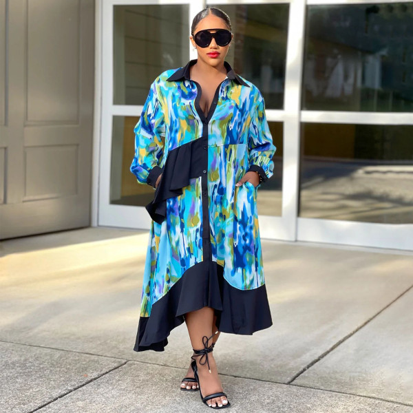 SC Plus Size Print Irregular Loose Shirt Dress NNWF-8028