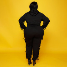 SC Plus Size Solid Color Hooded Tassel Two Piece Pants Set OSIF-21278
