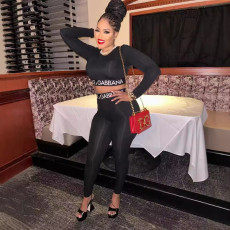 VIP1 Letter Print Long Sleeve Tight Two Piece Pants Set QCZF-9096
