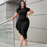 SC Plus Size Solid Color Tie Up Long Dress NNWF-6054