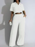 SC Solid Lapel Short Sleeve Wide Leg Pants Casual Set SFY-441