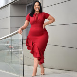 SC Plus Size Solid Color Tie Up Long Dress NNWF-6054