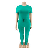 SC Plus Size Short Sleeve Solid Color Two Piece Pants Set OSIF-20735