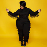 SC Plus Size Solid Color Hooded Tassel Two Piece Pants Set OSIF-21278