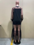 SC Solid Color Sling Dress+Mesh Dress 2 Piece Set OLYF-6090