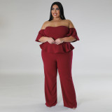 SC Plus Size Off Shoulder Short Sleeve Wide Leg Jumpsuit NNWF-7797