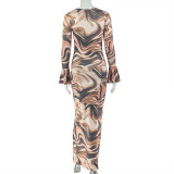 SC Flare Long Sleeve Print Maxi Dress GJYO-303879