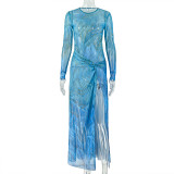 SC Long Sleeve Print Color Block Split Maxi Dress GJYO-303855