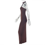 SC Solid Color Halterneck Backless Maxi Dress GJYO-303861