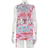 SC Print Slash Neck Drawstring Two Piece Skirt Set GJYO-711853