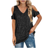 SC Plus Size Loose V Neck Sequin Short Sleeve Tops GOSD-10242